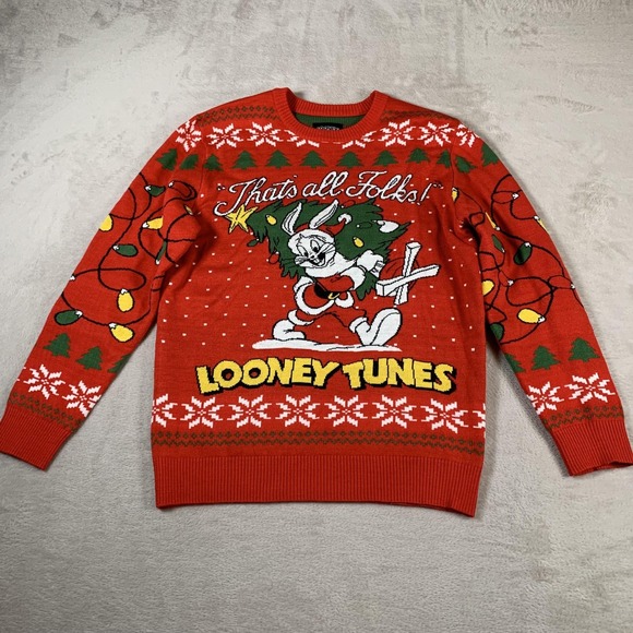 Looney Tunes Sweater Adult M Christmas Bugs Bunny Thats All Folks Holiday Mens - Picture 1 of 9